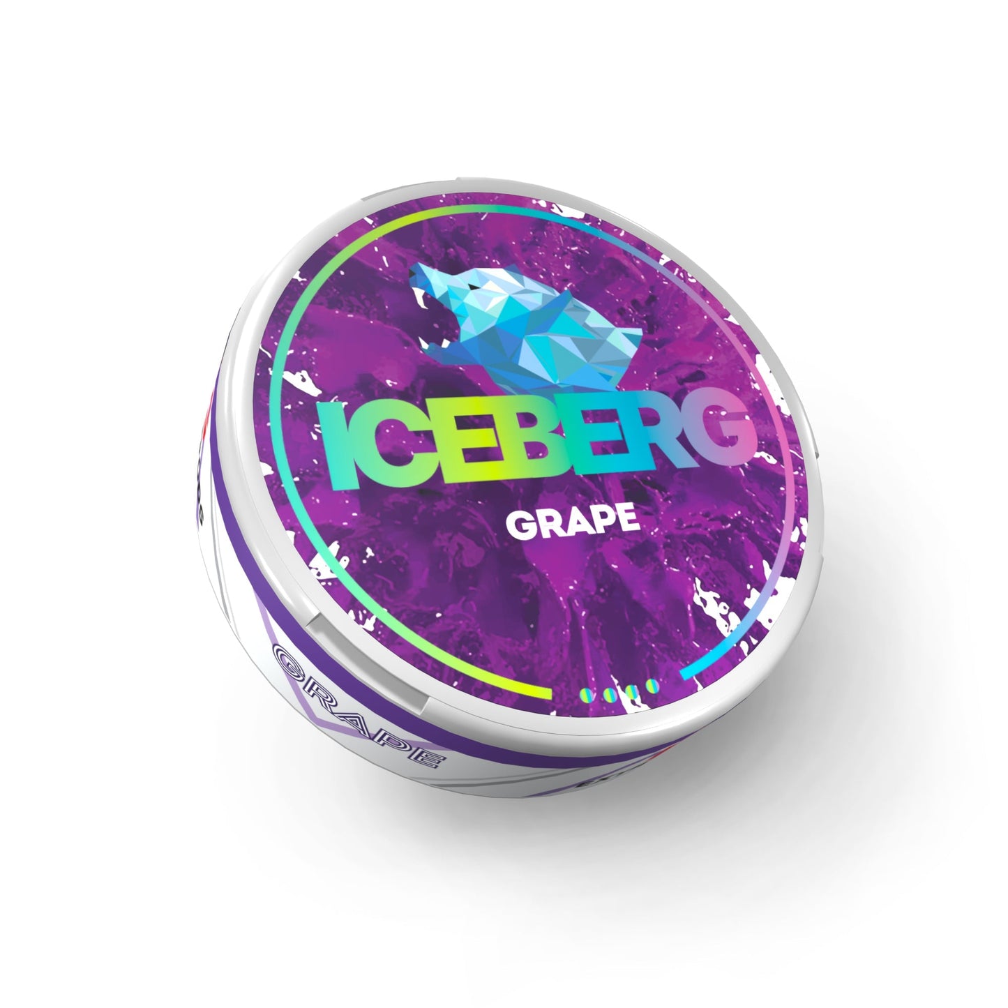 Front view of the Iceberg Grape nicotine pouch container with a colorful label on a white background.