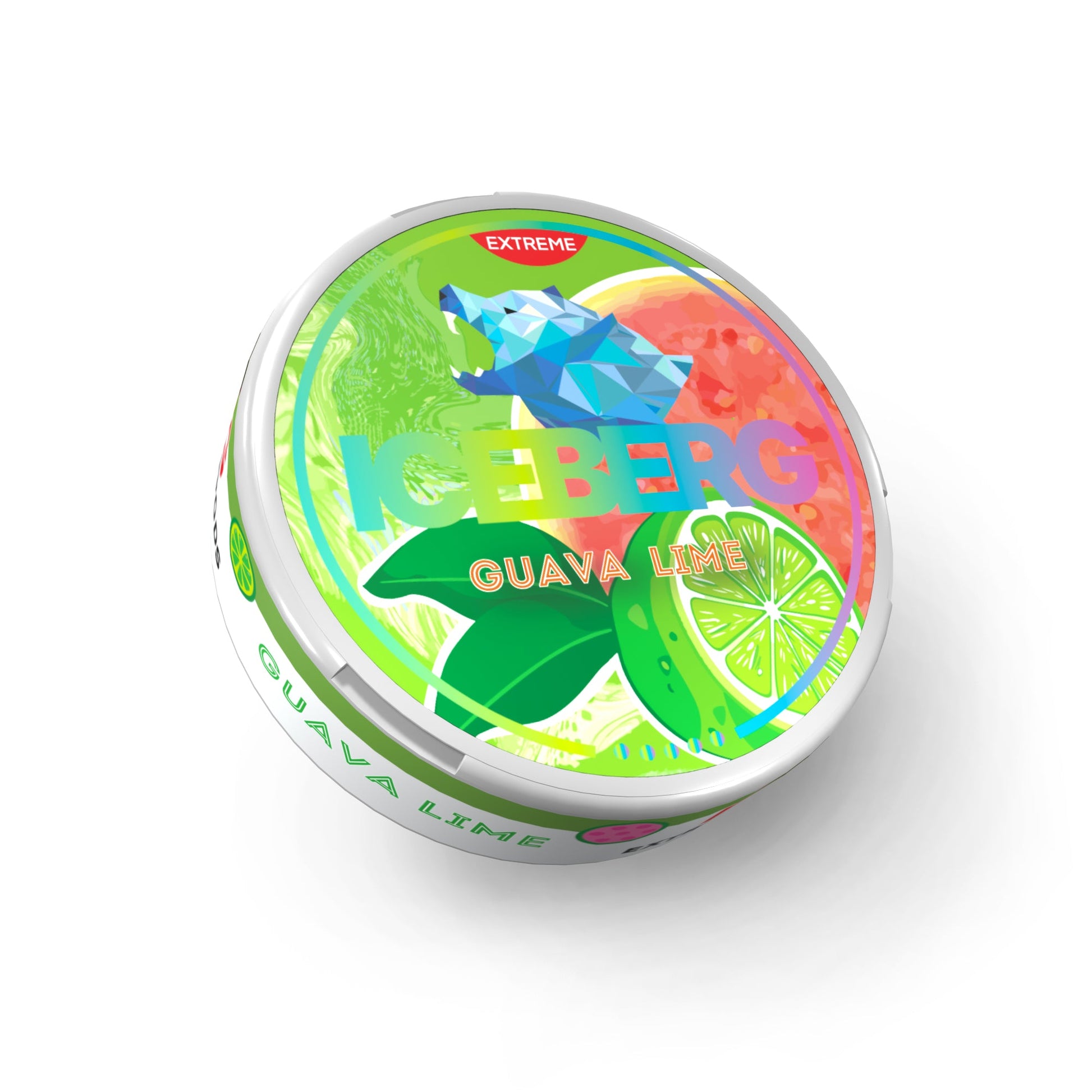 Front view of a colorful circular tin of Iceberg Guava Lime snus featuring green, orange, and blue colors.