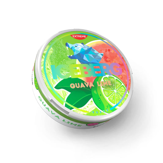 Front view of colorful round tin container of Iceberg Guava Lime nicotine pouches with vibrant design.