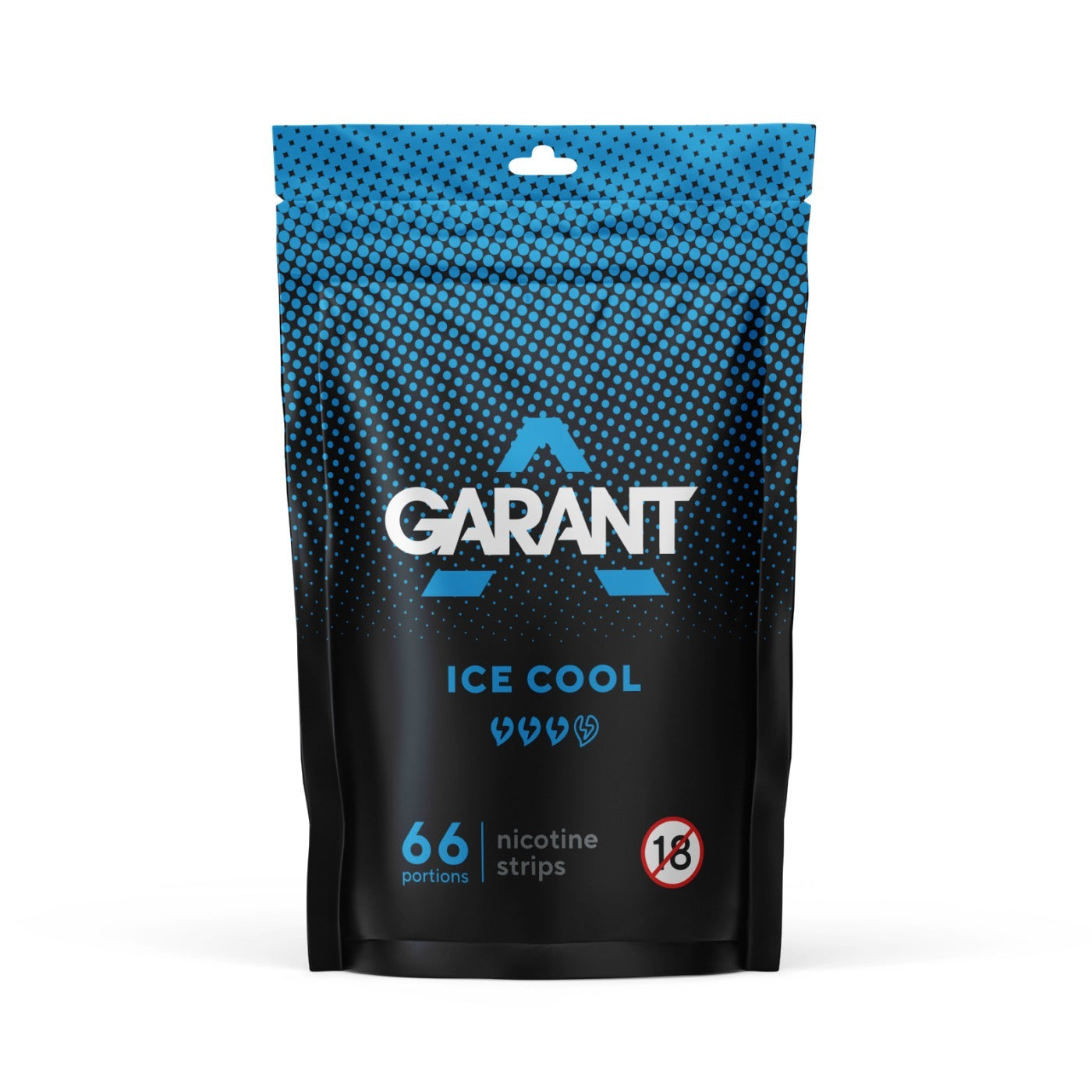 Packaging of Garant Ice Cool Strips in a resealable bag featuring bold branding and nutrition facts, predominantly blue, b…