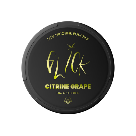 Detail close-up of Glick Citrine Grape pouches in a round container with gold lettering on a transparent background.