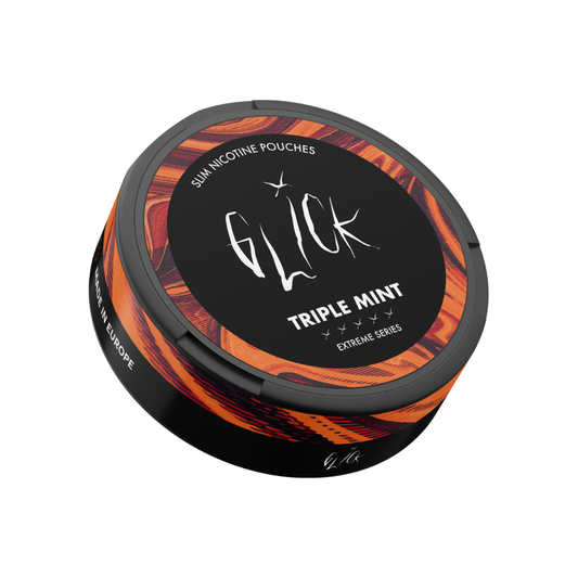 Detail close-up of Glick product container showcasing black and orange colors with graphic design.