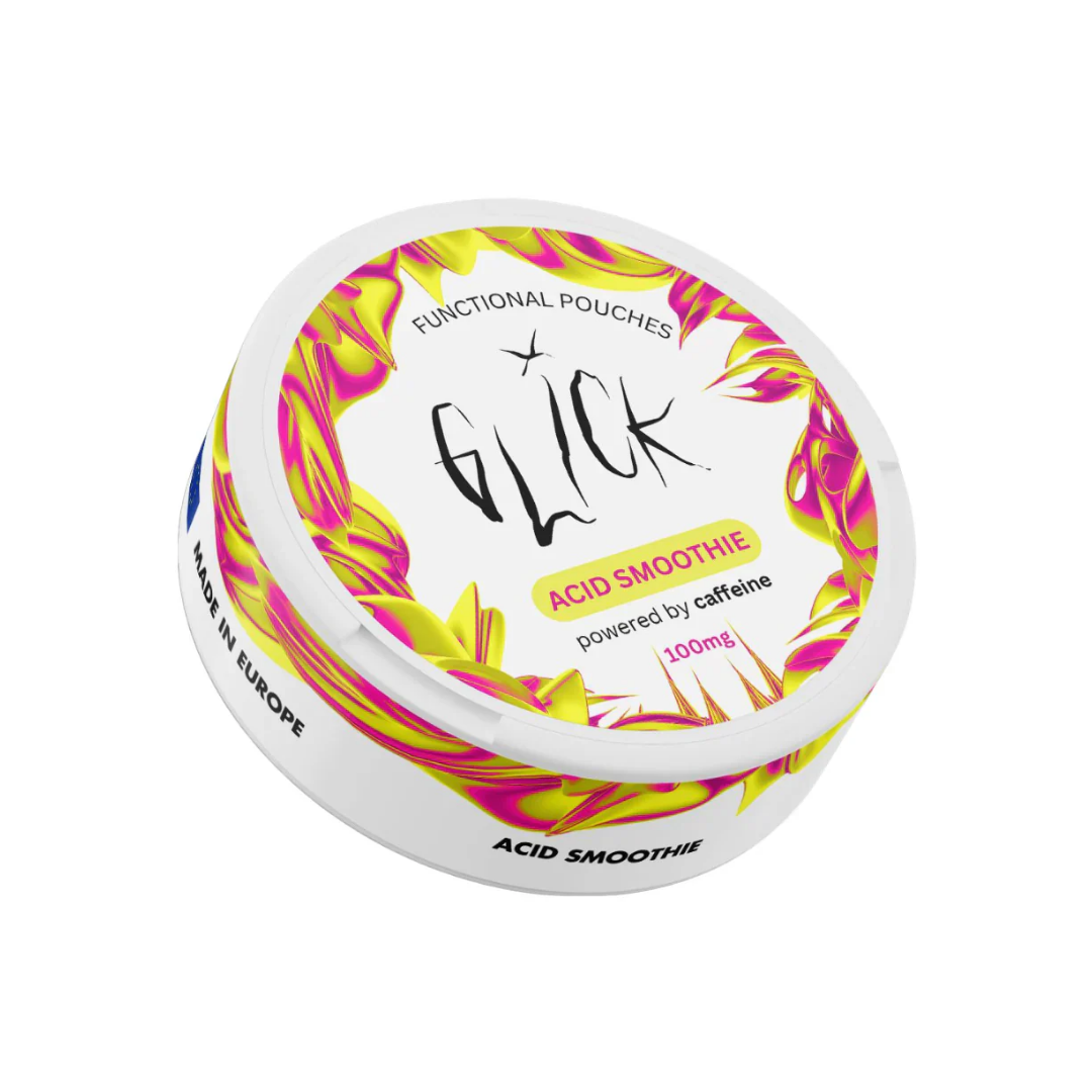 Side view of a decorative container for Glick Acid Smoothie, featuring a floral design in white, pink, and yellow.