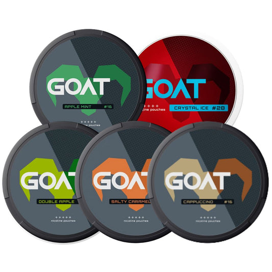 Packaging shot of the Goat Mixpack featuring circular containers in black, red, green, and orange with various flavors.