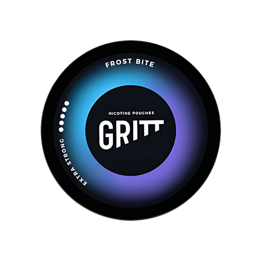 Detail close-up of Gritt Frost Bite Extra Strong pouches featuring a circular design with a gradient background in black,…
