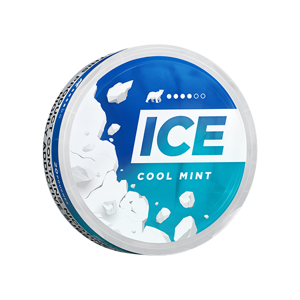 Perspective view of the round Ice Cool Mint can featuring blue and white graphic design.