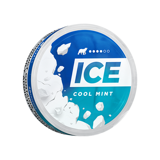 Perspective view of the round Ice Cool Mint can featuring blue and white graphic design.