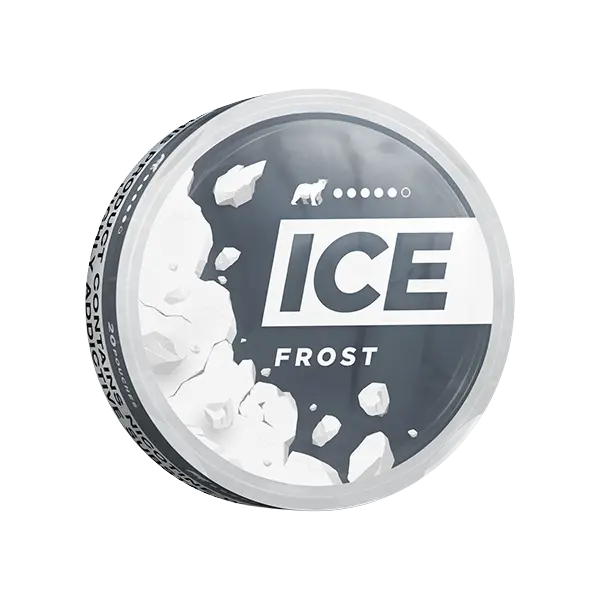 Perspective view of the ICE Frost can showcasing its circular design in black and white with a frosted effect.