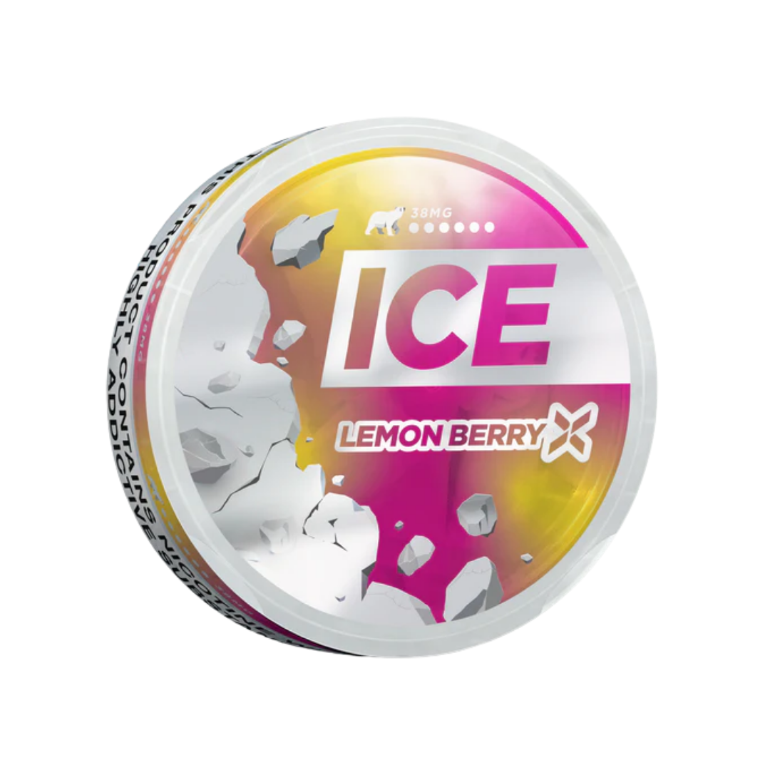 Front view of a circular container with a pink and yellow gradient label featuring the Ice Lemon Berry logo.
