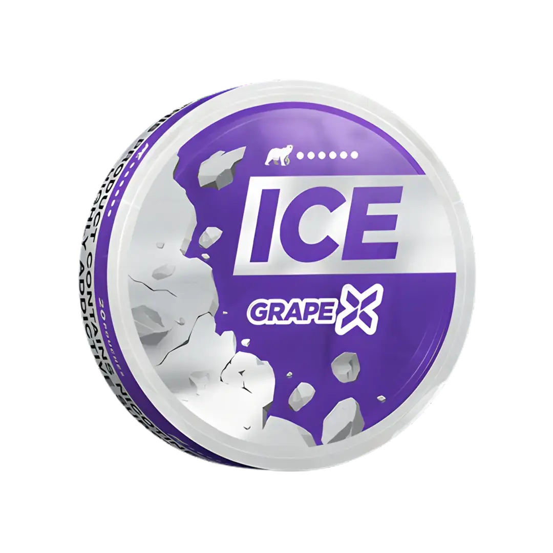 Close-up of a circular tub of Ice Grape featuring purple and white colors and a scoop design.