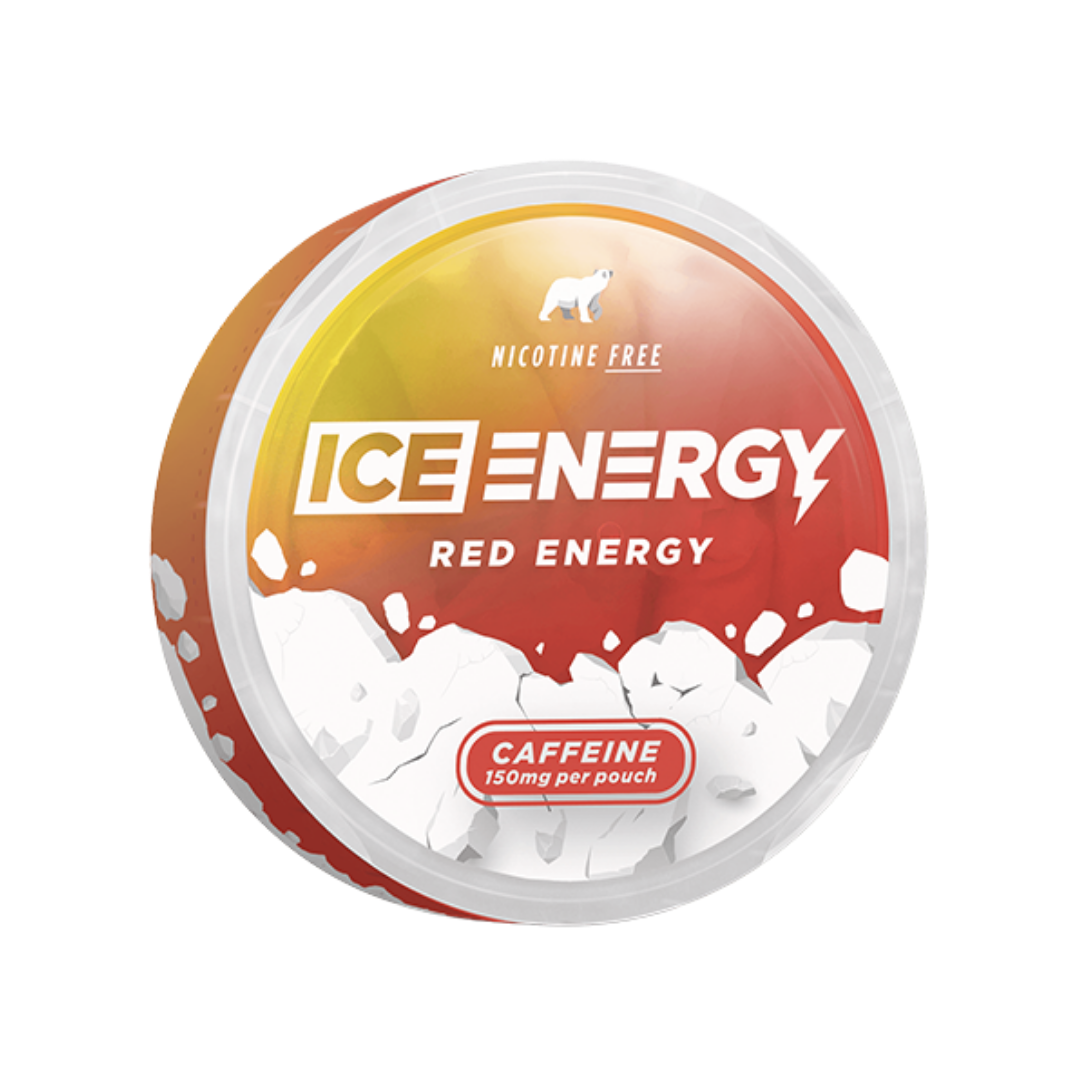 Packaging shot of the Ice Caffeine Pouch Red Energy can featuring bold orange, white, and red text.