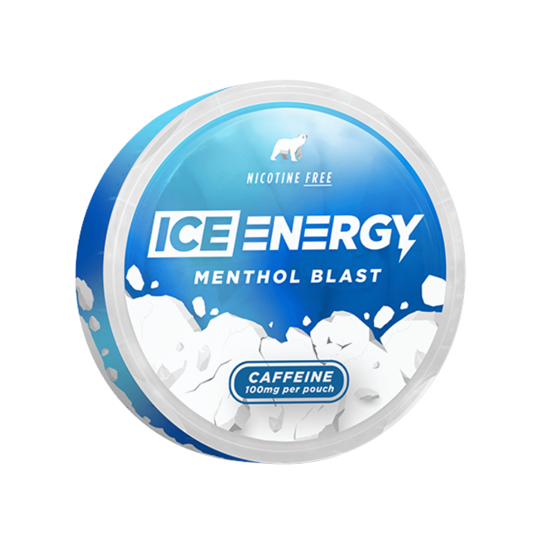 Packaging shot of the ICE ENERGY can featuring blue and white colors with menthol blast branding.