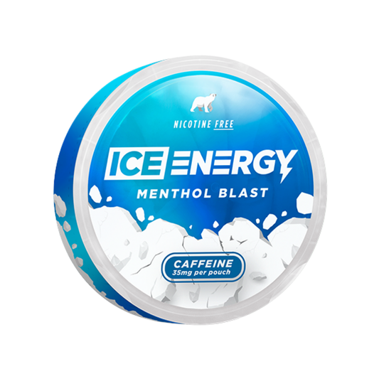 Packaging of Ice Caffeine Pouch Menthol Blast in a circular blue and white container featuring menthol blast.
