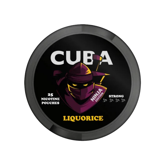 Detail close-up of Cuba Liquorice pouch featuring black, purple, and yellow colors with graphic design.