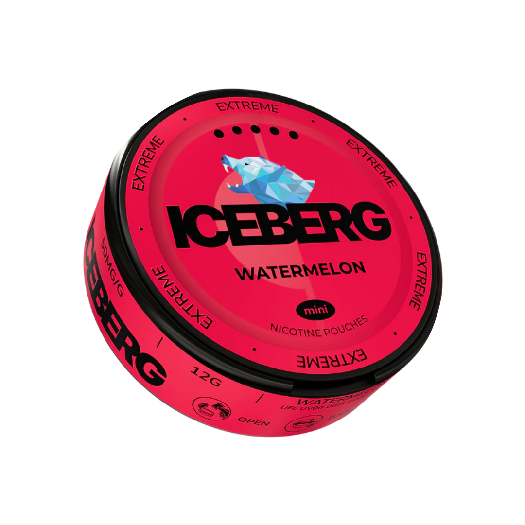 Front view of a red container featuring graphic design and label text on a white background