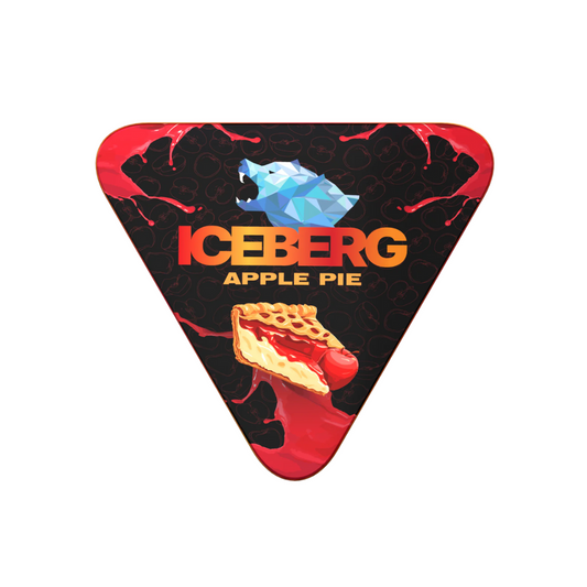Front view of the triangular metal can of Iceberg Apple Pie featuring red, black, and yellow design.