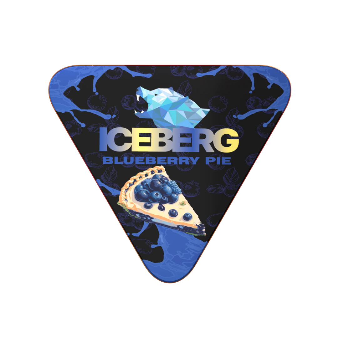 Detail close-up of Iceberg Blueberry Pie packaging showcasing triangular shape, blue and black colors, and graphic design.
