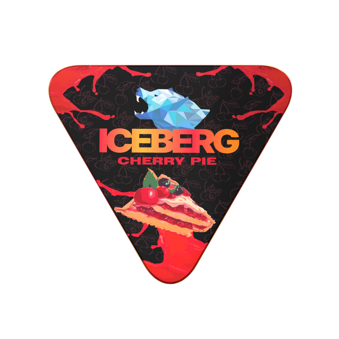 Front view of the triangular-shaped metal can of Iceberg Cherry Pie featuring a colorful red and black graphic design.