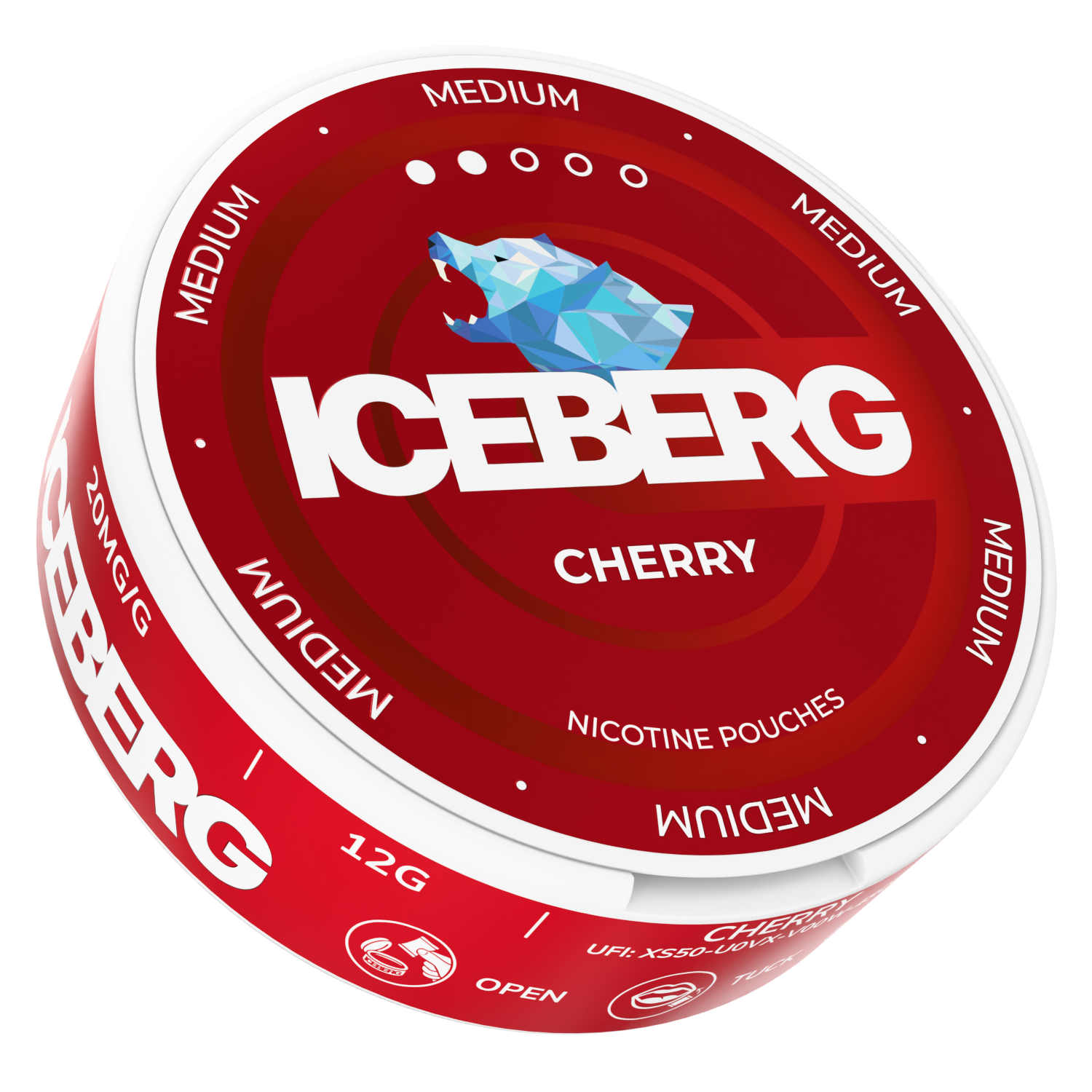 Front view of the red Iceberg Cherry 20mg nicotine pouch can showcasing the brand logo and flavor label.