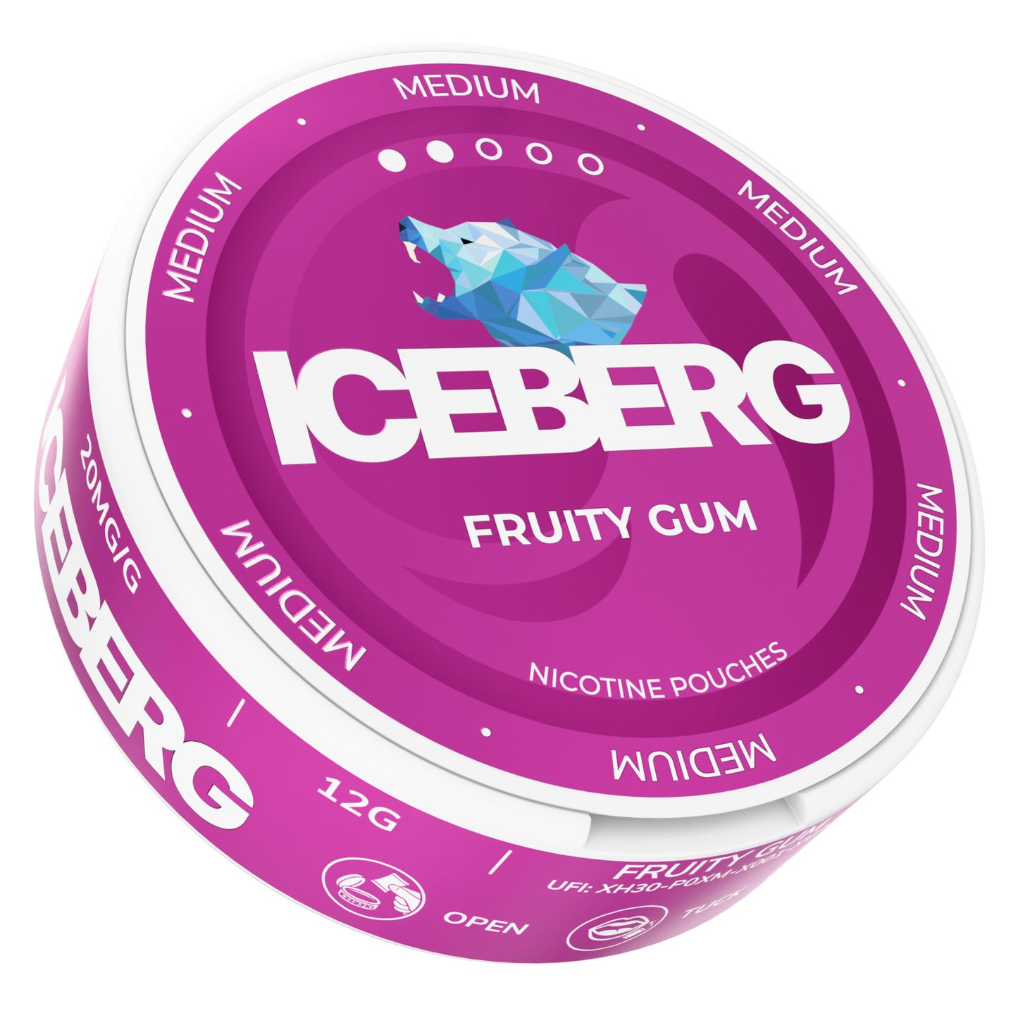 Front view of the pink can displaying a fruit graphic and brand name on a transparent background.
