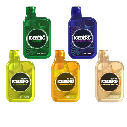 Front view of colorful Iceberg Vape juice bottles in green, blue, yellow, and orange on a white background