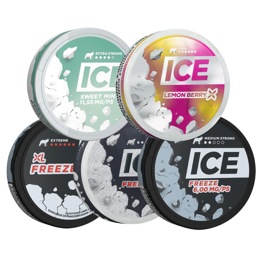 Front view of various circular cans of Ice Mixpack featuring bold branding in black, white, pink, and green.