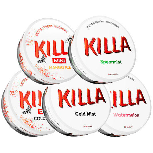 Variety pack of Killa snus cans in red and white, showcasing different flavors with a transparent background.
