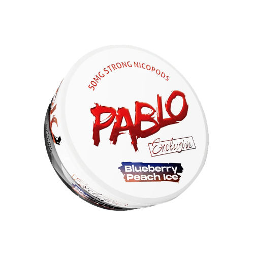 Detail close-up of a round white and red Pablo container featuring graphic text on a transparent background