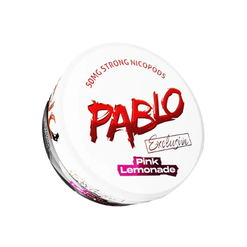 Detail close-up of the round white and pink Pablo product container featuring colorful graphic text.