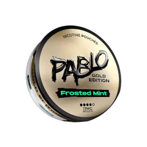 Detail close-up of the Pablo Gold Edition Frosted Mint nicotine pouch packaging in gold and black colors.