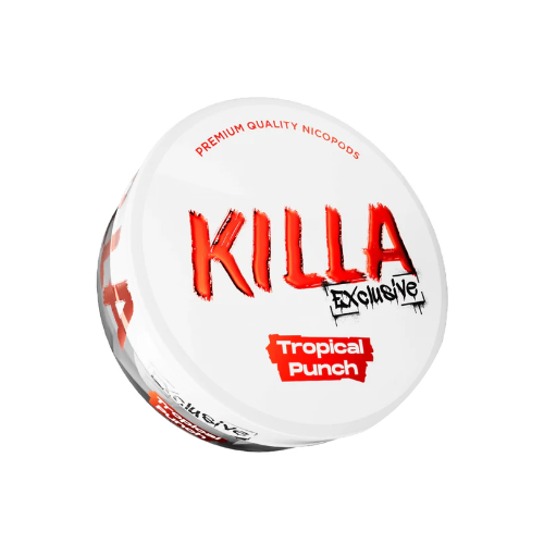 Front view of the round Killa nicotine pouch can featuring a vibrant tropical punch flavor label in red and white.