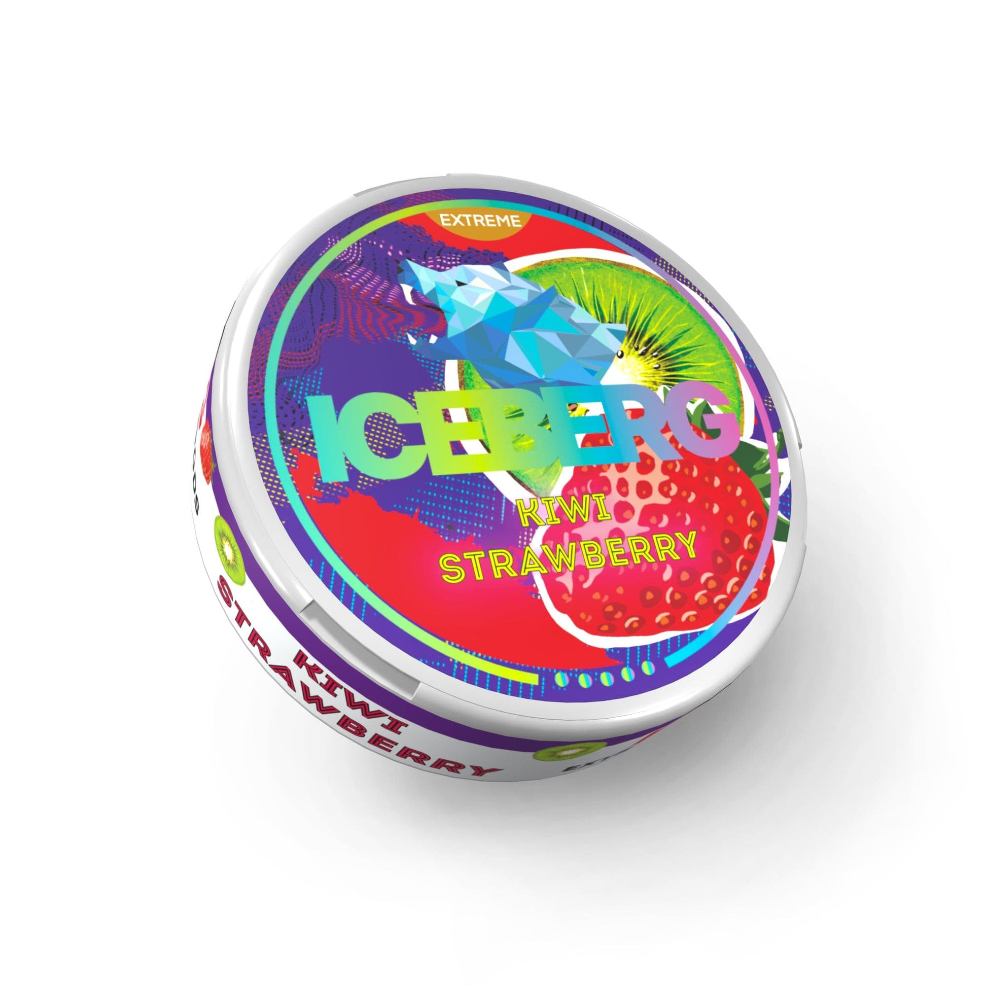Front view of the colorful kiwi strawberry can with vibrant colors and brand logo on a transparent background.