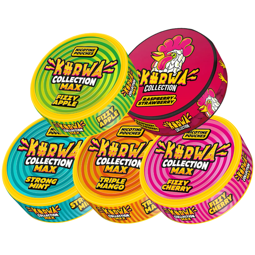 Colorful round containers of Kurwa Mixpack in pink, green, orange, and blue on a white background.