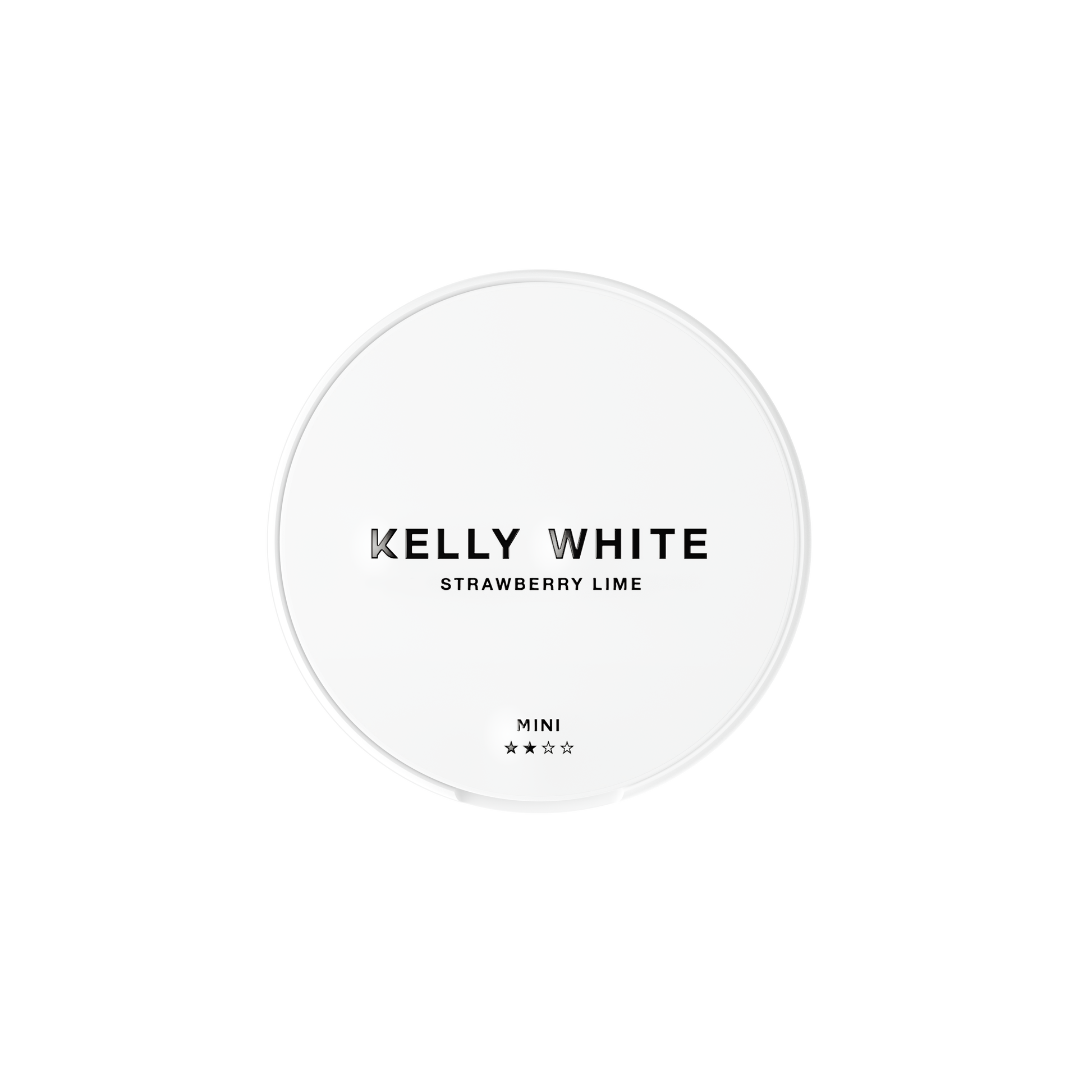 Front view of the label design on the round container of Kelly White Strawberry Lime, featuring a vibrant pink and white c…