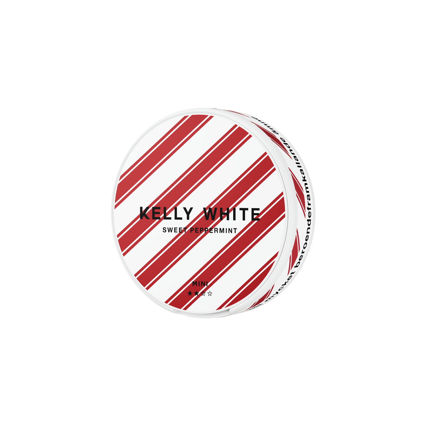 Side view of the striped peppermint tin in red and white with a circular design.