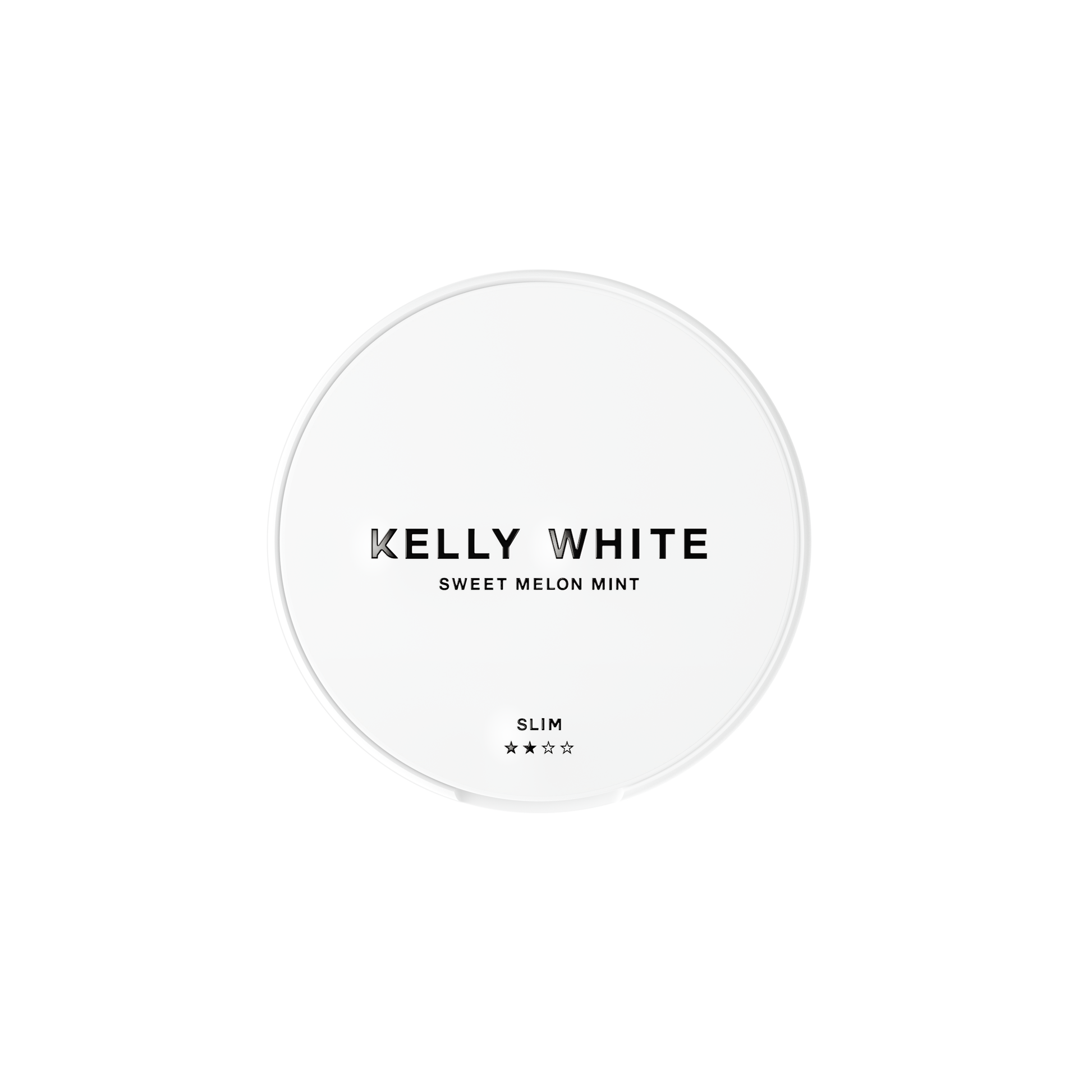 Front view of Kelly White Sweet Melon Mint in a round container with bold lettering and white, green colors.