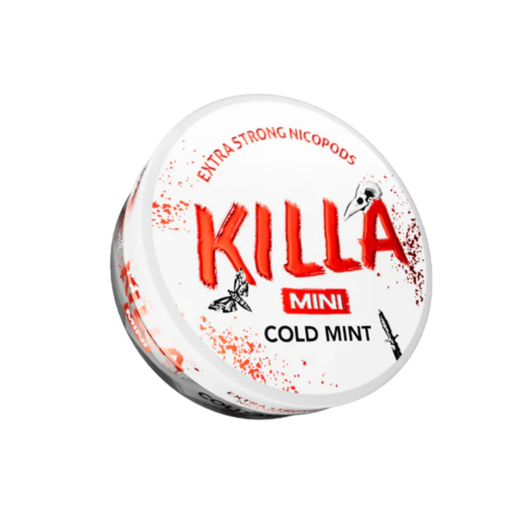 Front view of the Killa Mini Cold Mint snus can showing branding and cold mint flavor on a transparent background.
