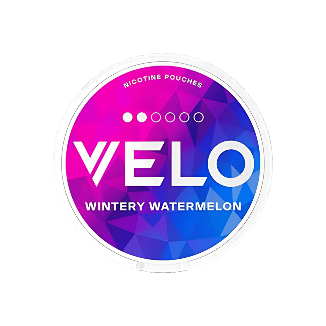 Detail close-up of the Velo flavor label featuring pink, blue, and white colors with bold text and a gradient background.