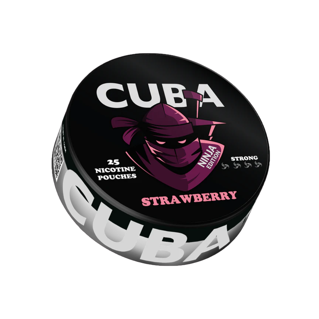 Front view of the Cuba Ninja Strawberry tin featuring black, pink, and white colors with graphic design.