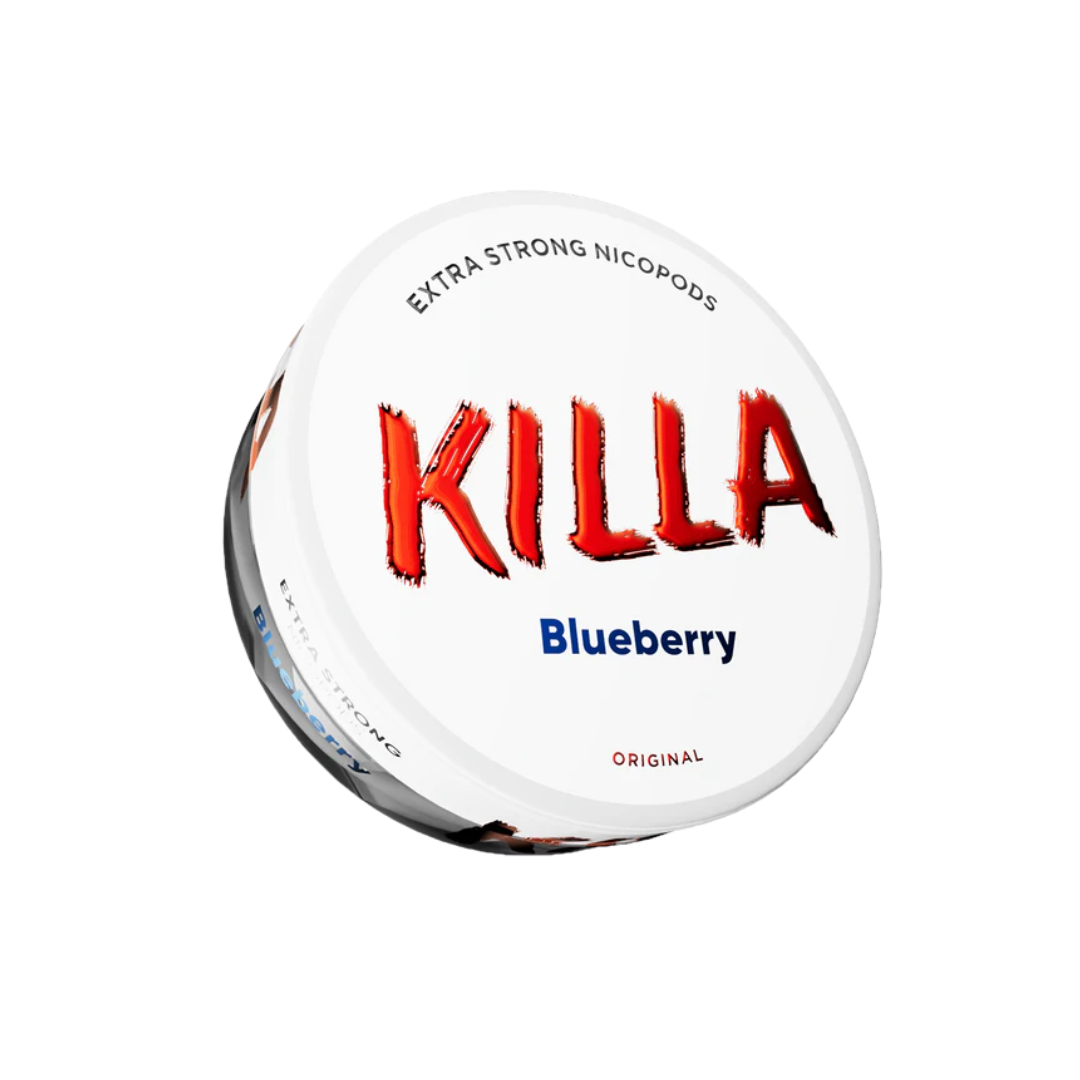 Detail close-up of Killa Blueberry snus can showcasing its round shape, blue and white colors, and flavor label.