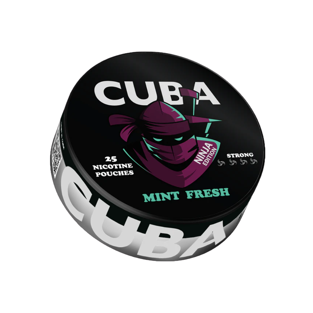 Detail close-up of Cuba Ninja Mint Fresh packaging in black, purple, and white with mint flavor graphics.