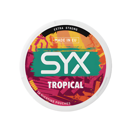 Front view of SYX Tropical product in a circular container with bold logo and tropical design, featuring pink, orange, and…