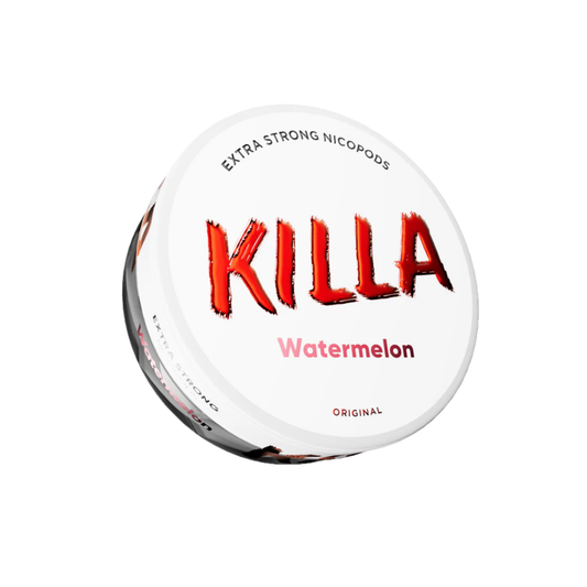 Detail close-up of Killa Watermelon snus can showing bold red and white branding with circular can design.