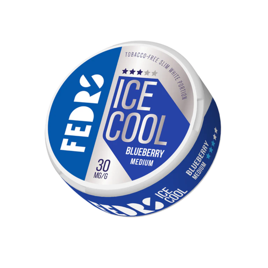 Detail close-up of the round blue container with label design for Fedrs Mango Medium, featuring blue and white colors.