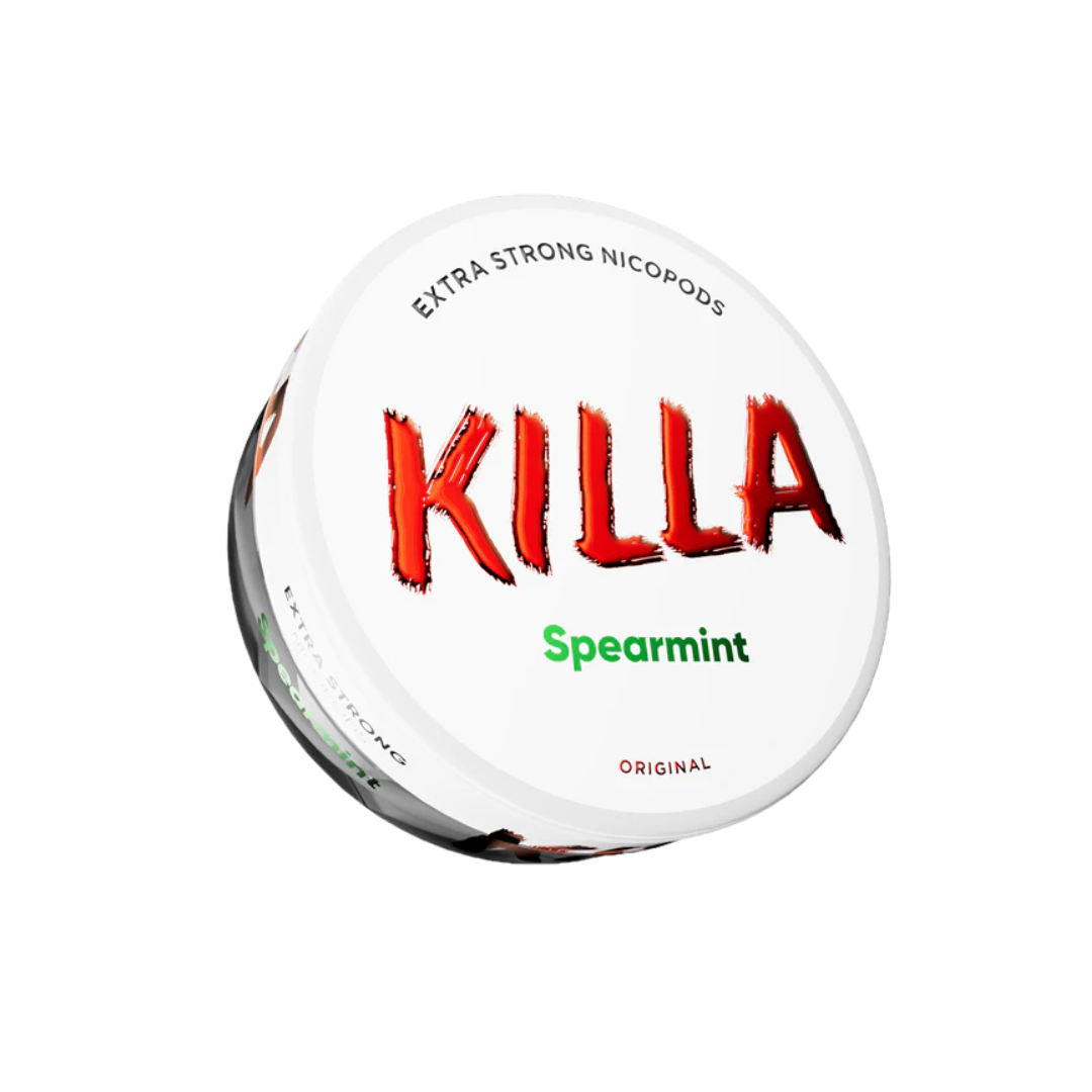 Front view of Killa Spearmint nicotine pouch can featuring bold text and brand logo on a transparent background.