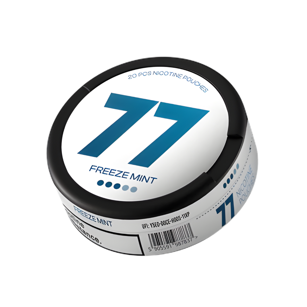 Detail close-up of the white and blue circular tin container with a screw top and label featuring number 77
