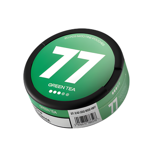 Detail close-up of the green can featuring label number 77, with a circular shape and screw top on a white background.