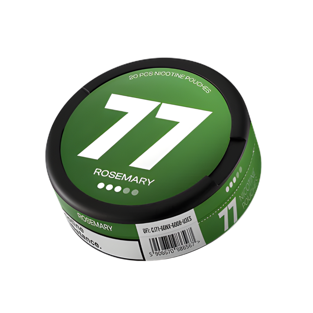 Detail close-up of the green can featuring the large number 77, circular shape, and barcode on a white background.