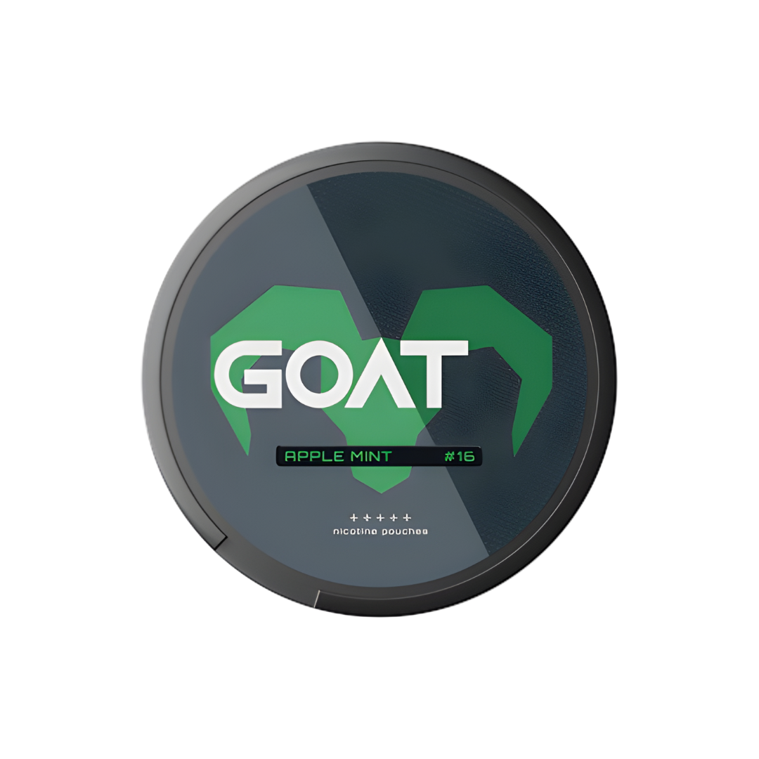 Detail close-up of Goat Apple Mint pouch container showcasing its circular shape and logo design in black and green.