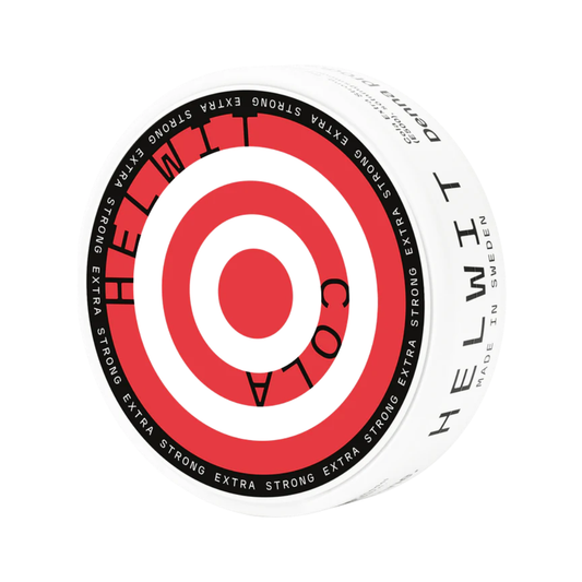 Detail close-up of Helwit Cola XS pouch with a circular target design in red, white, and black.